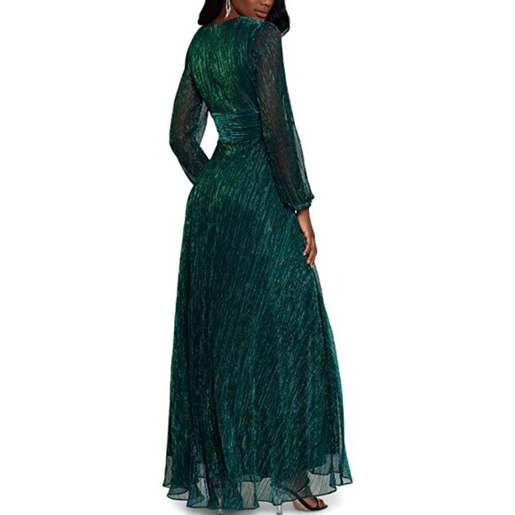 Betsy & Adam Long Sleeve V-Neck Solid Shimmer Gown β Hunter Green NWT 6 - Picture 2 of 7